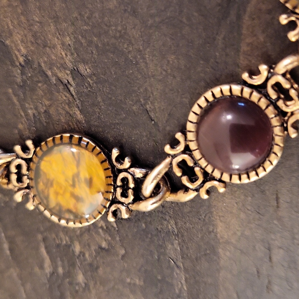 Vintage Ornate (Intricate) Faux Tigers Eye, Abalone Gold Link Bracelet - Picture 9 of 13